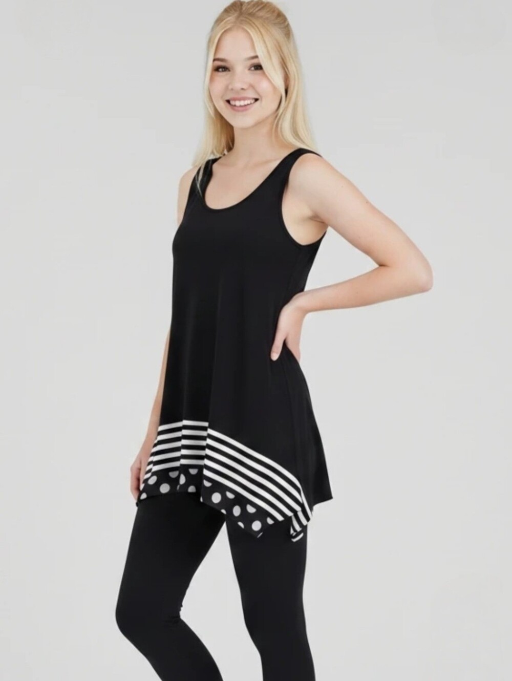 Joseph Ribkoff Black Tank Top with White Striped Hem